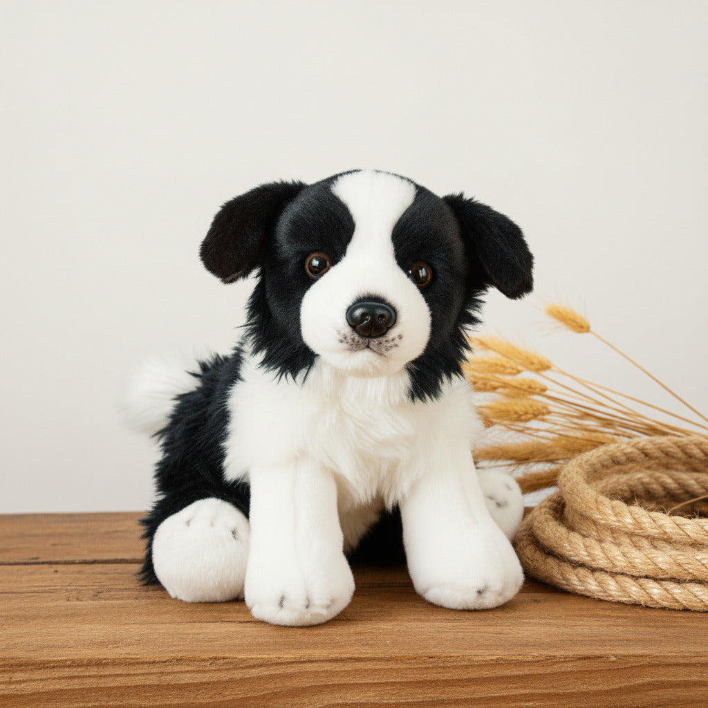 A black and white plush puppy toy with brown eyes, sitting against a plain white background.