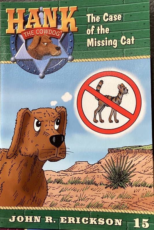 Book titled 'Hank the Cowdog: The Case of the Missing Cat' by John R. Erickson on a shelf.