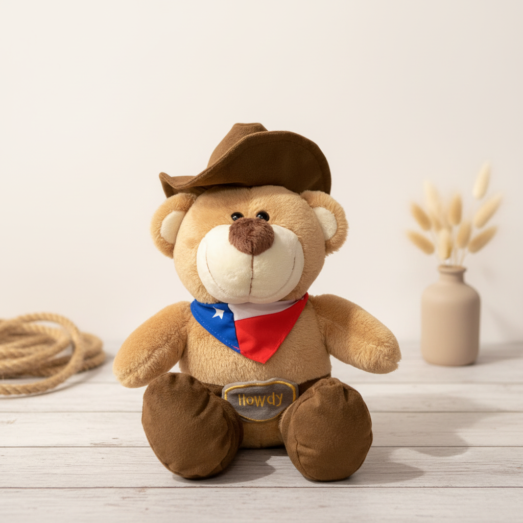 Plush teddy bear wearing a cowboy hat and bandana with a Texas flag on a solid background