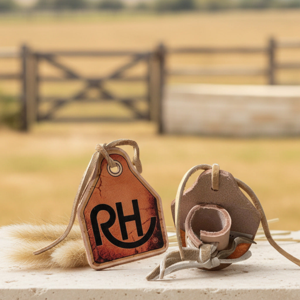 Pair of beige leather booties with a brown tag featuring 'RH' on a light gray background