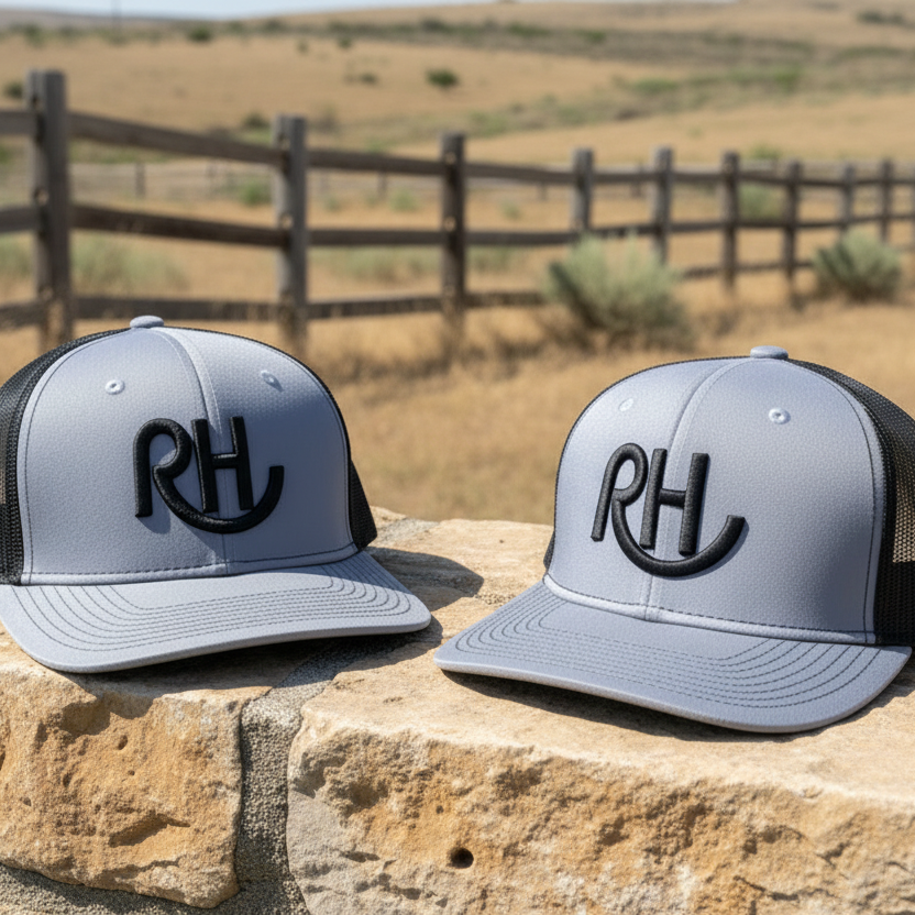 Two gray and black hats with 'RH' logo on a wooden post with a grassy field and cows in the background.
