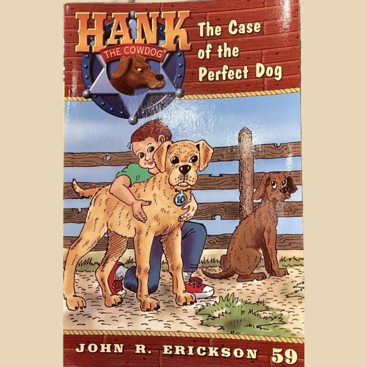 Book titled 'Hawk the Cowboy: The Case of the Perfect Dog' by John R. Erickson on a surface with a dark wall background.