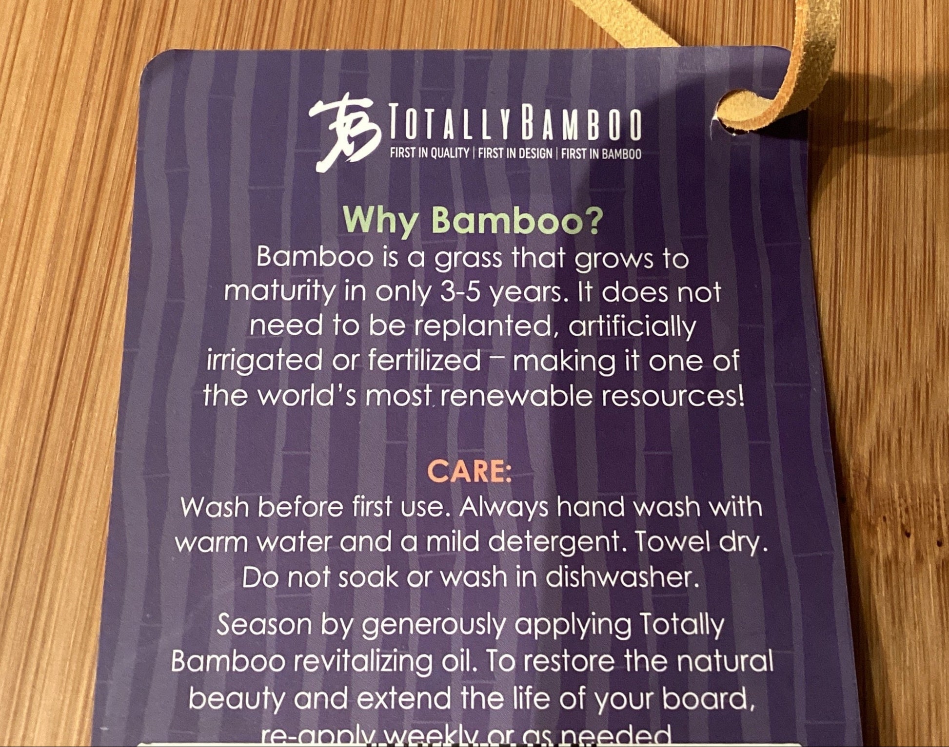 Bamboo product with a label on a wooden surface