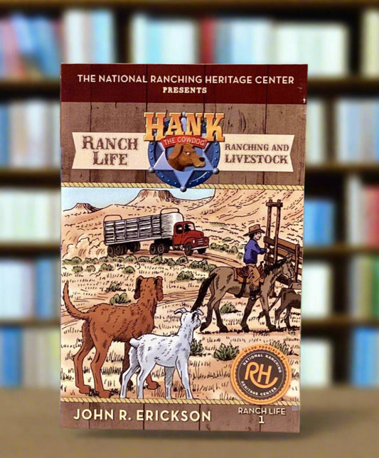 Book titled 'Ranch Life' by John R. Erickson on a shelf against a gray wall.