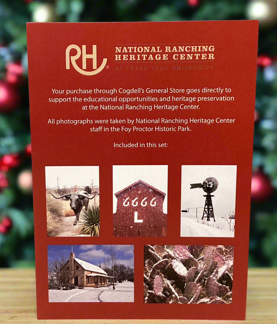 Red National Ranching Heritage Center book with images of a cow, barn, and windmill on a gray background