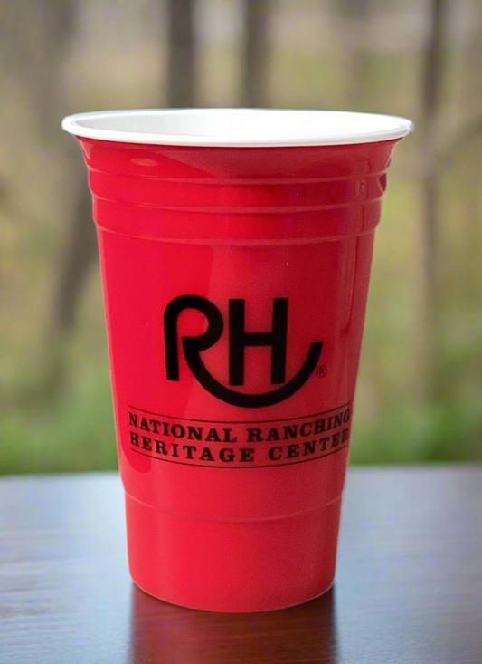Red cup with black logo on a white background