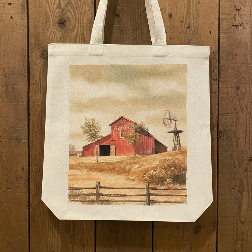 Tote bag with a red barn design hanging on a wooden cabinet.