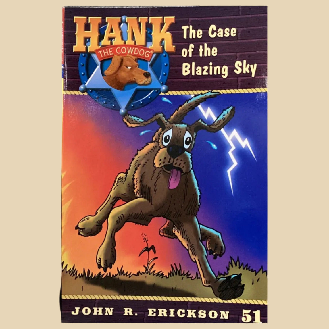 Book titled 'Hank the Cowdog: The Case of the Blazing Sky' by John R. Erickson on a table against a gray wall.