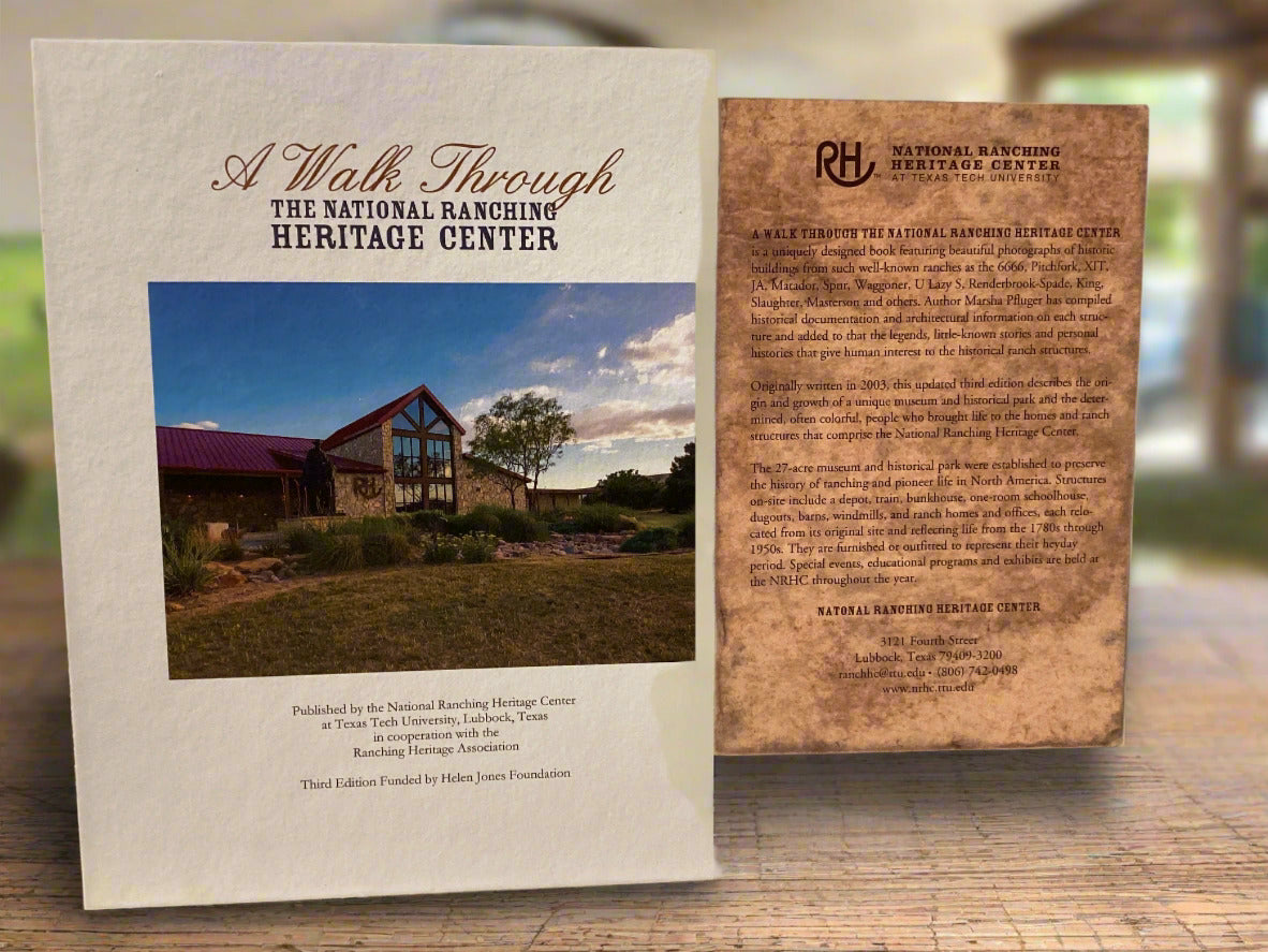Booklet titled 'A Walk Through The National Ranching Heritage Center' with a photo of a building and text on a white background.