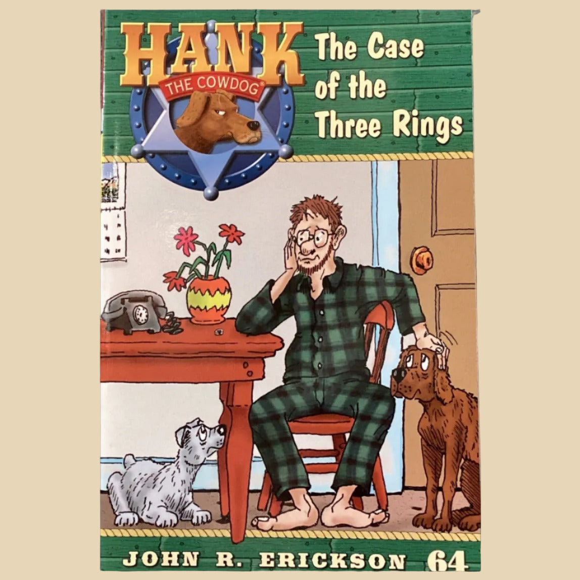 Book titled 'Hank: The Case of the Three Rings' by John R. Erickson on a shelf.