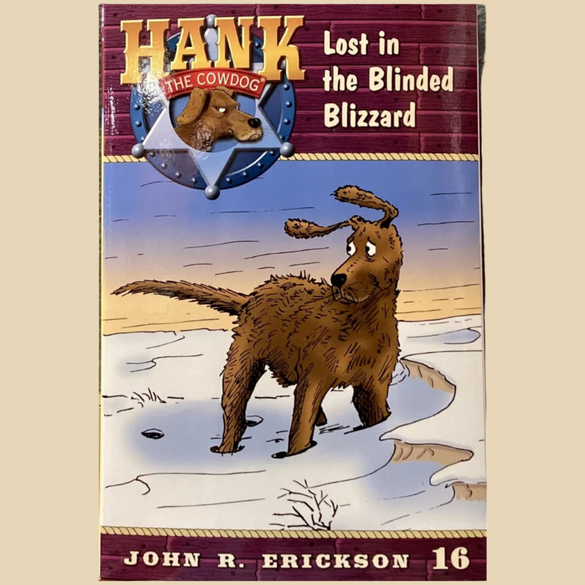 Book titled 'Hank the Cowdog: Lost in the Blinded Blizzard' by John R. Erickson on a gray surface.