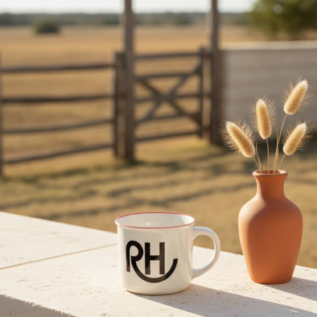 White mug with red rim and black initials on a wooden table