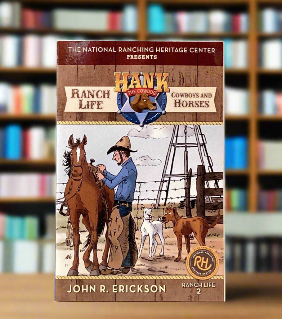 Book titled 'Ranch Life with Cattle and Horses' by John F. Erickson on a gray wall.