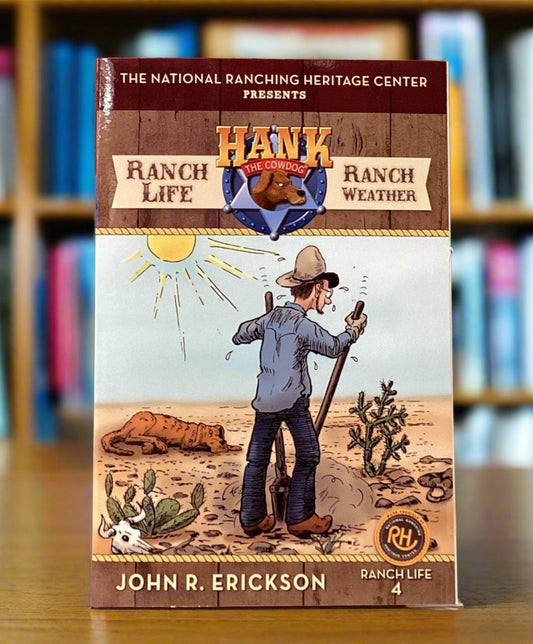 Book titled 'Ranch Life Ranch Weather' by John B. Erickson on a shelf against a gray wall.