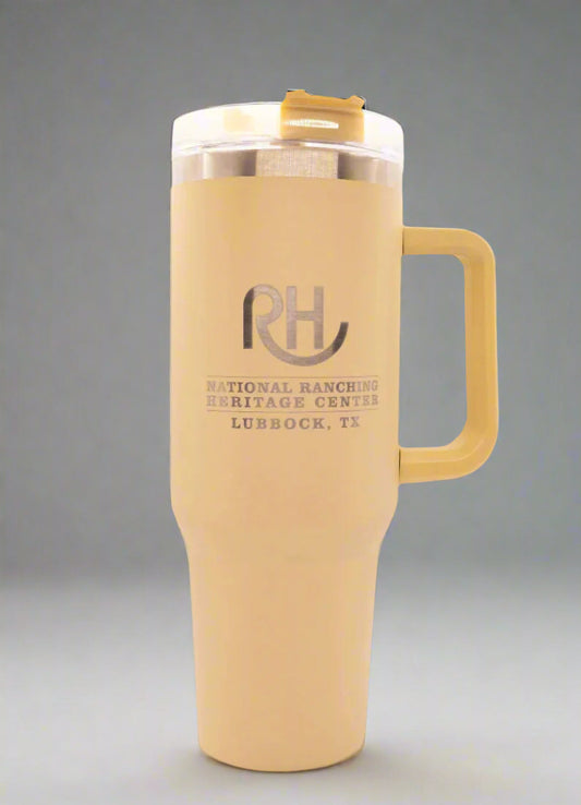 A beige colored tumbler with a straw and handle, featuring the 'RH' logo, indicative of the Ralph Lauren brand.