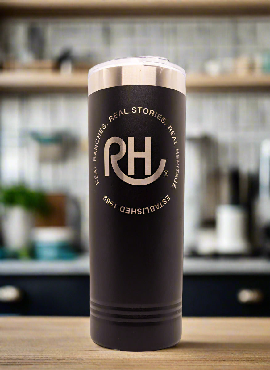 A tall black metal tumbler with the 'RH' logo printed on it.