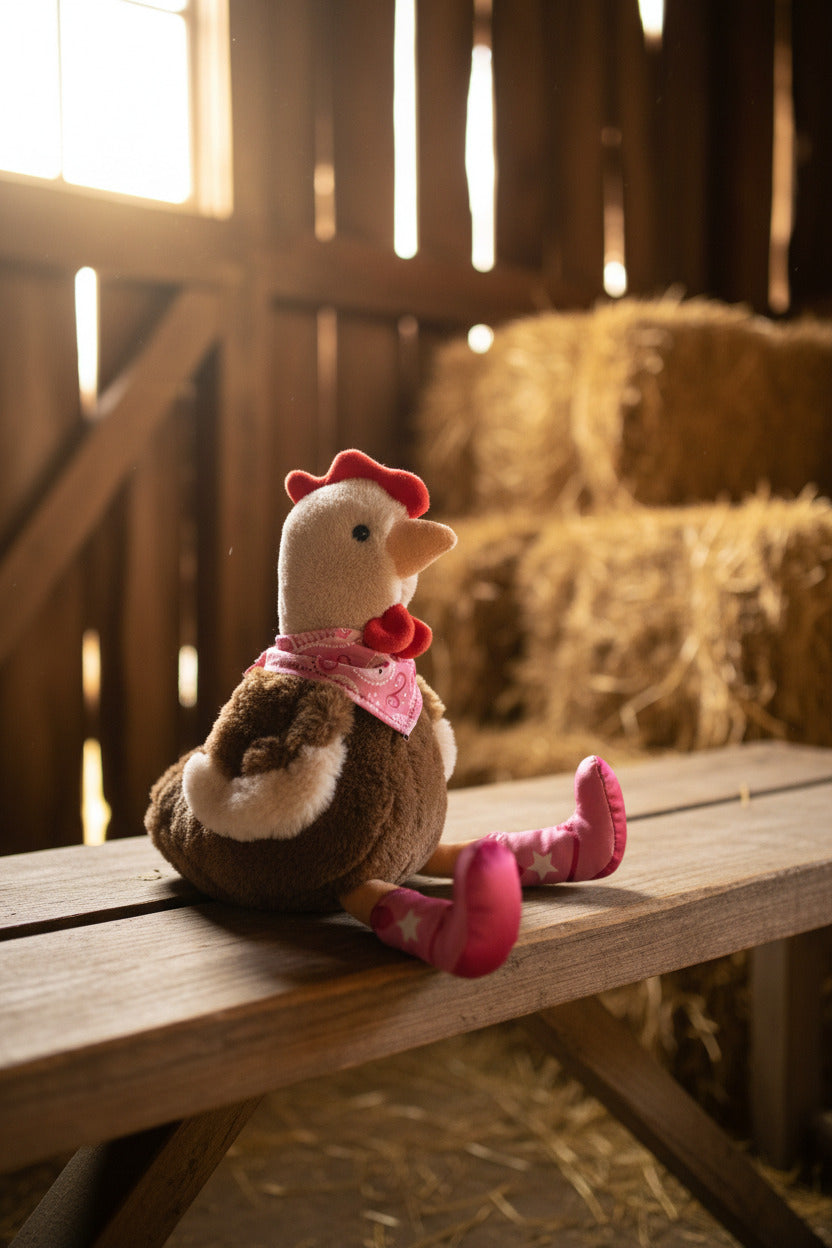 Plush toy chicken with pink shoes and a scarf on a desk