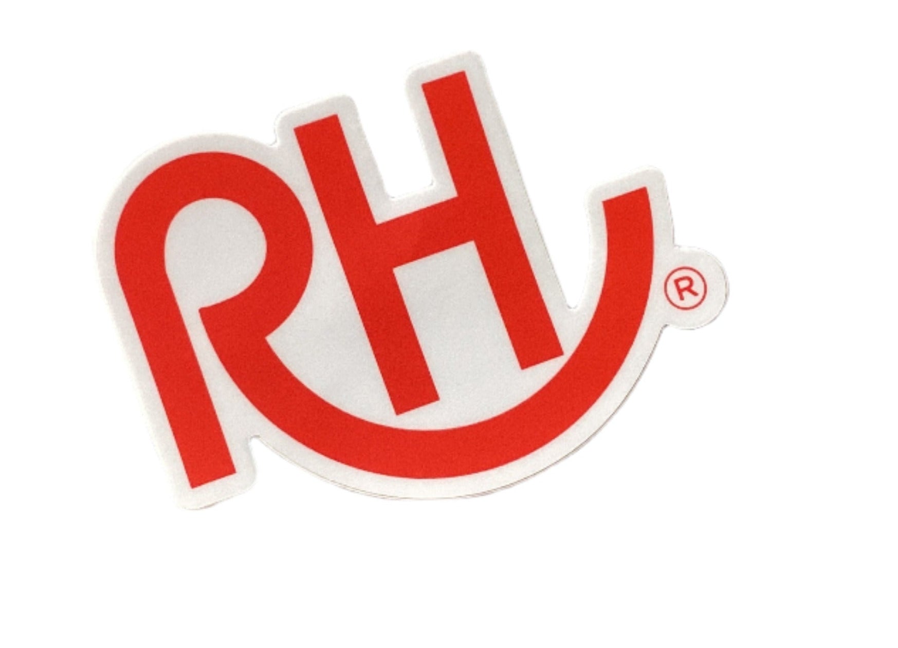 Red and white logo on a textured surface