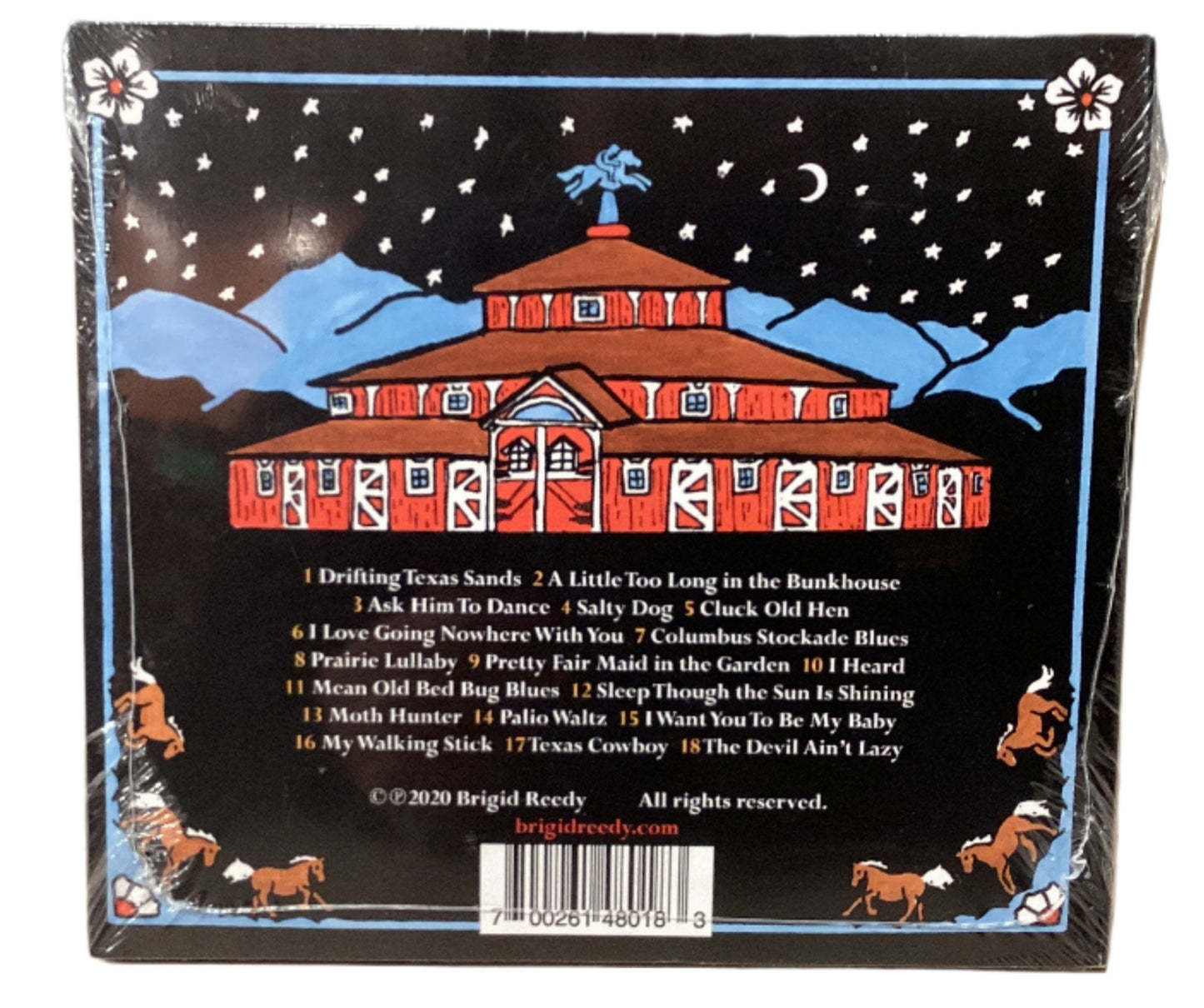 Back cover of a music album with a house illustration and text on a gray background