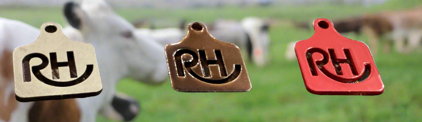 Three small metal eartags in brown, red, and beige colors, each with the letter 'RH' engraved on them.