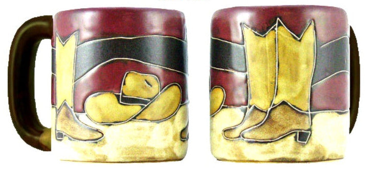 Two ceramic mugs with cowboy boot designs on a white background