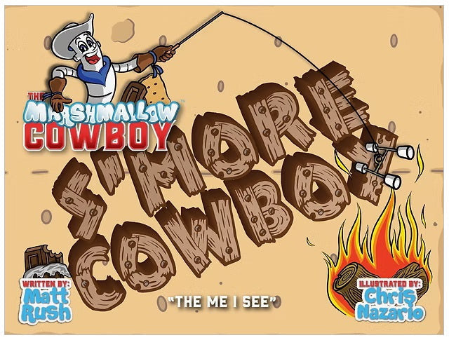 Book cover of 'The Misadventures of S'more the Cowboy' with cartoon cowboy and s'mores design.