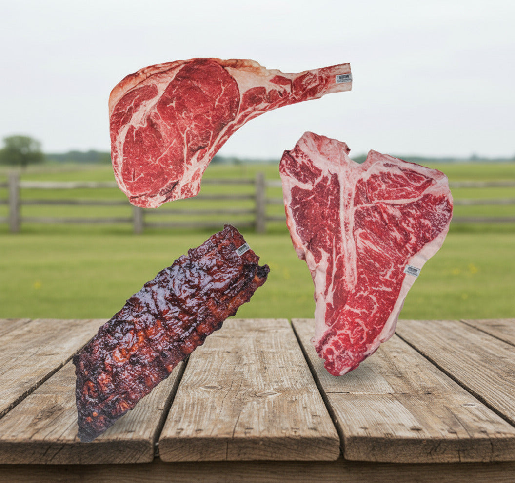 Three cuts of raw meat on a white background