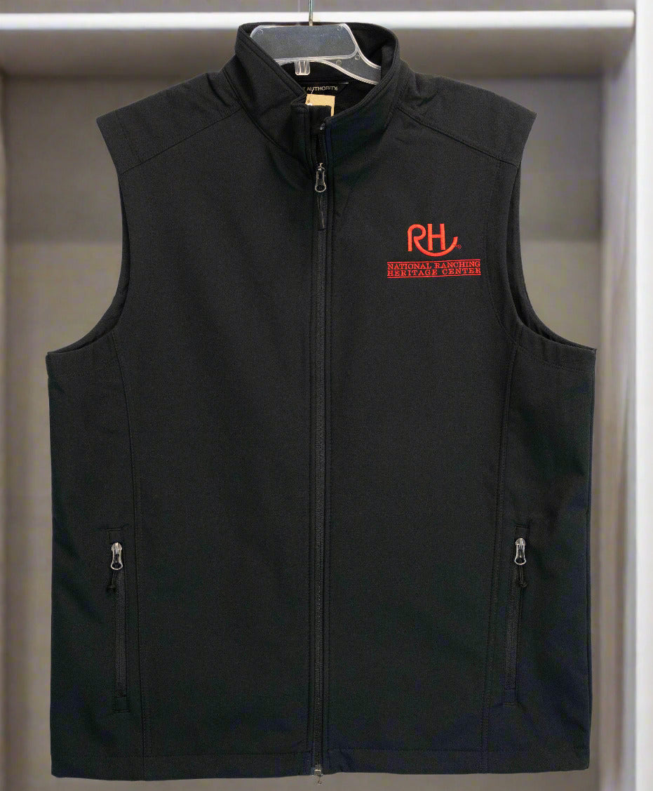 A black sleeveless zip-up vest with a logo on the front, suitable for adults.