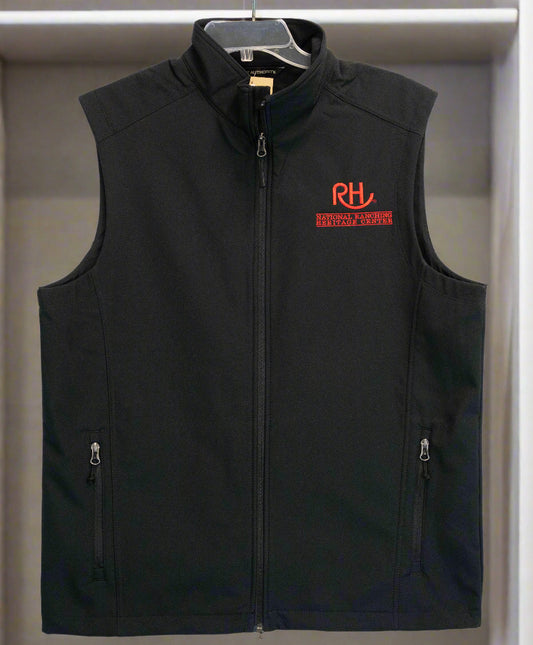 A black sleeveless zip-up vest with a logo on the front, suitable for adults.