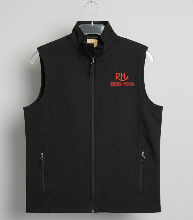 A black sleeveless zip-up vest with a logo on the front, suitable for adults.