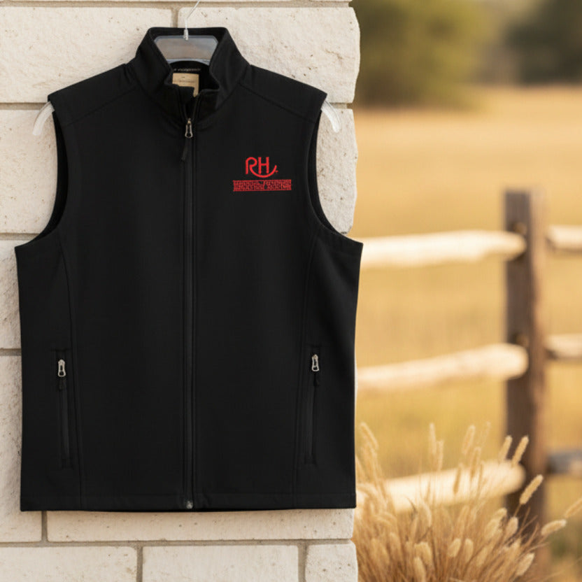 A black sleeveless zip-up vest with a logo on the front, suitable for adults.