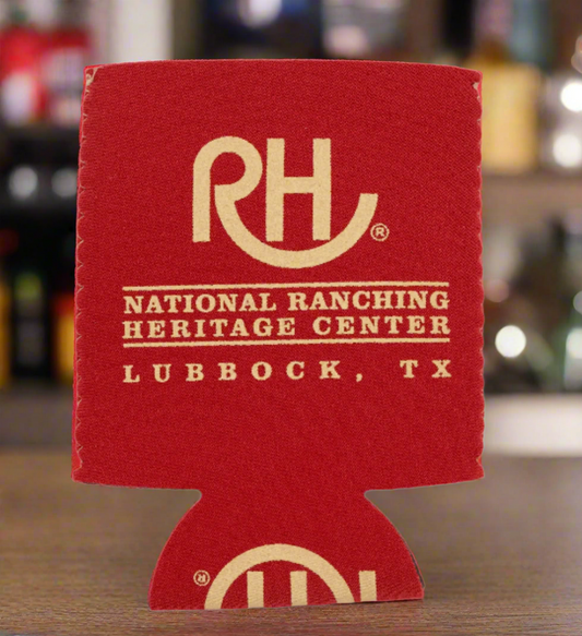A red koozie with 'RH' and 'NATIONAL RANCHING HERITAGE CENTER, LUBBOCK, TX' printed in gold.