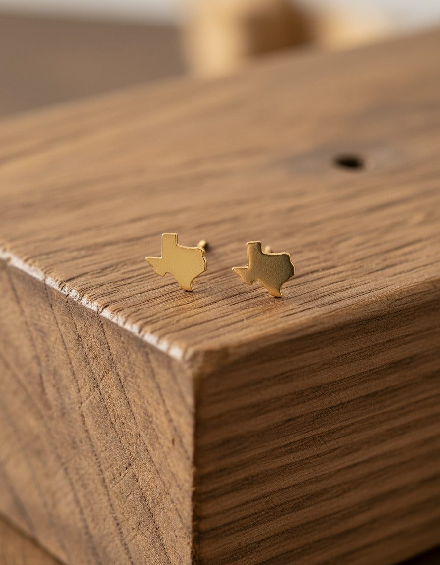 Brushed Texas Shape Stud Earrings Gold or Silver