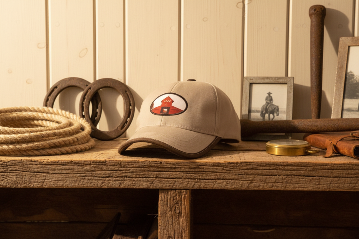Beige cap with logo on a cowhide rug