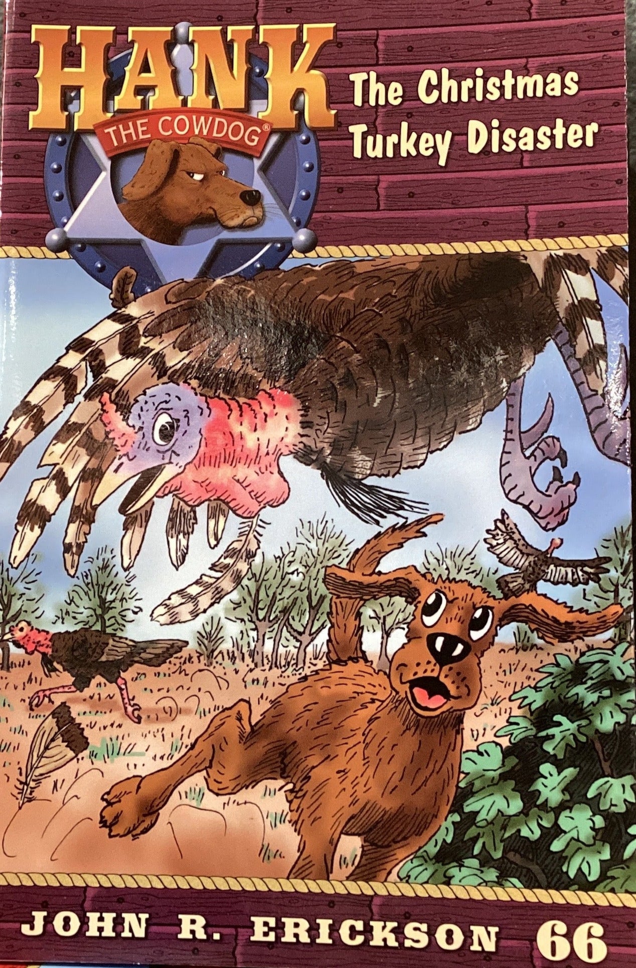 Book titled 'Hank the Cornish: The Christmas Turkey Disaster' by John R. Erickson on a surface with a gray wall background.