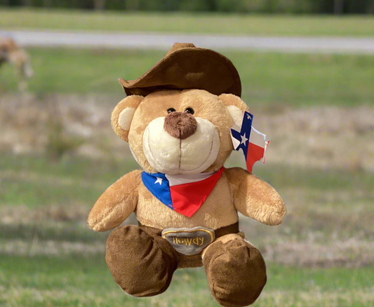 Plush teddy bear wearing a cowboy hat and bandana with a Texas flag on a solid background