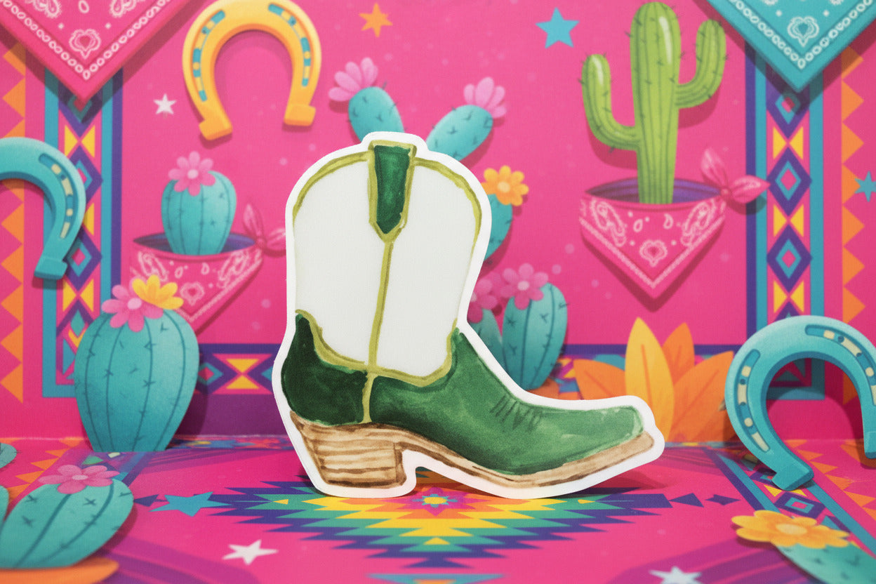 Green cowboy boot sticker on a wooden surface with books in the background