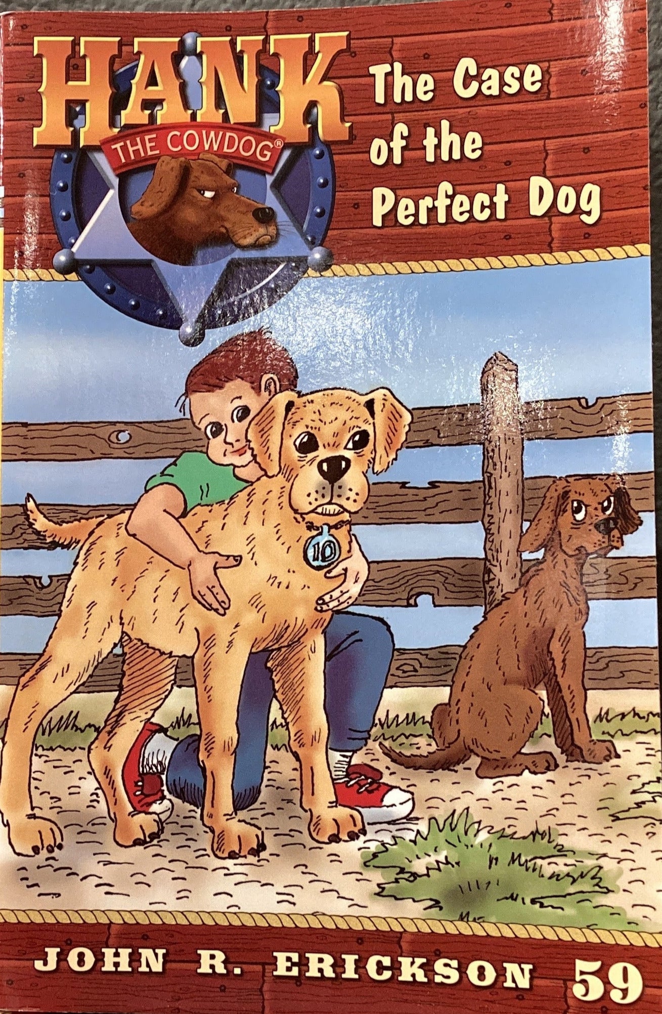 Book titled 'Hawk the Cowboy: The Case of the Perfect Dog' by John R. Erickson on a surface with a dark wall background.