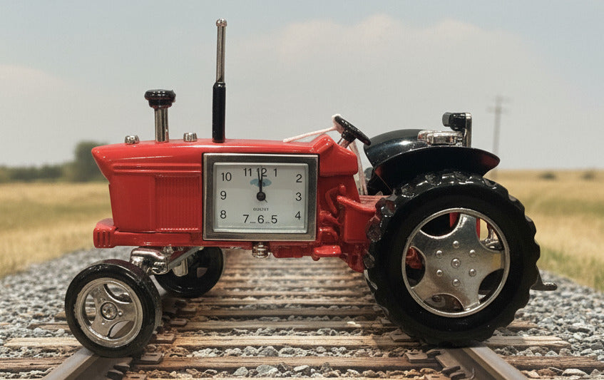 Red tractor model with a clock on a wooden surface