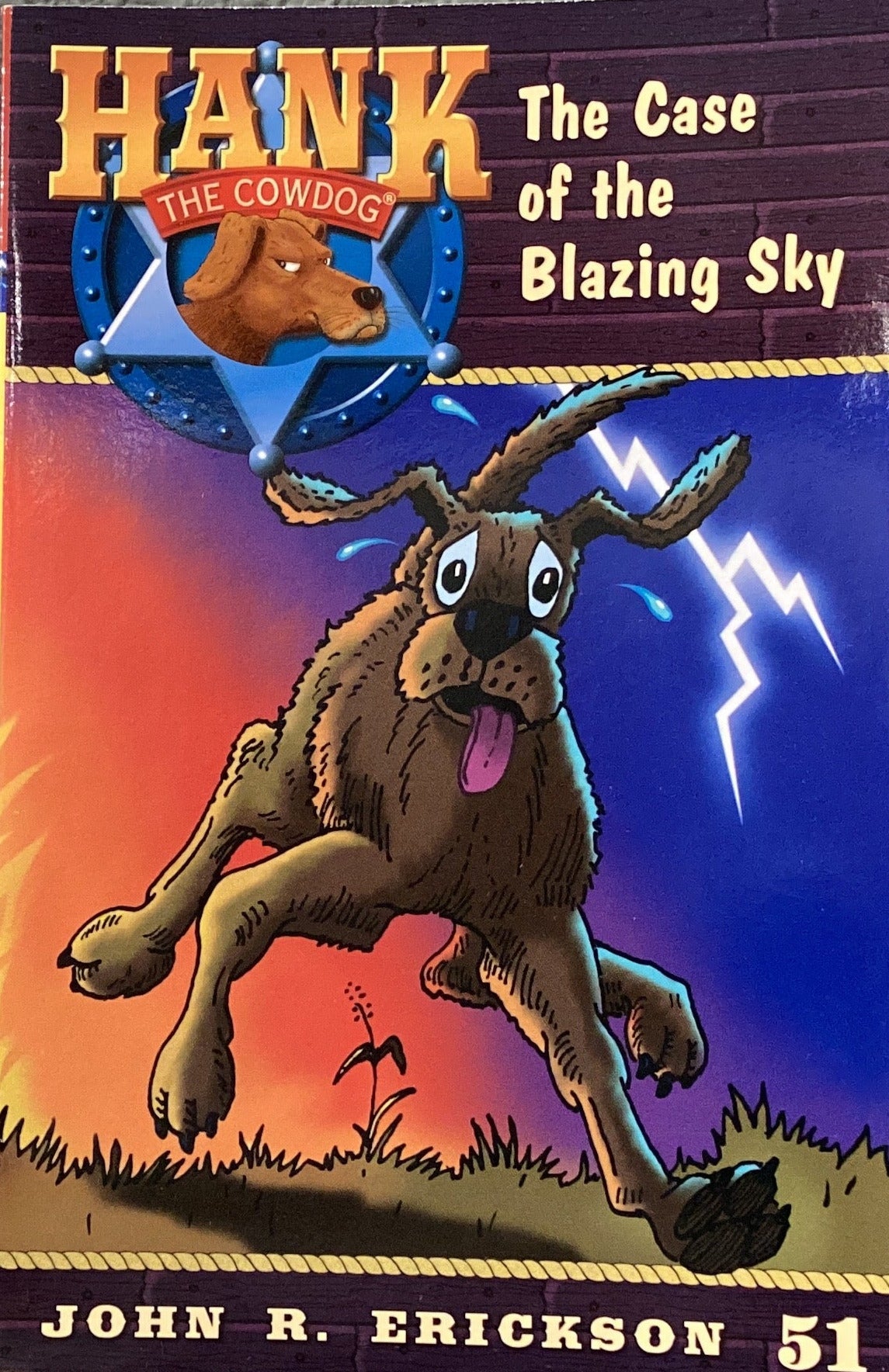 Book titled 'Hank the Cowdog: The Case of the Blazing Sky' by John R. Erickson on a table against a gray wall.