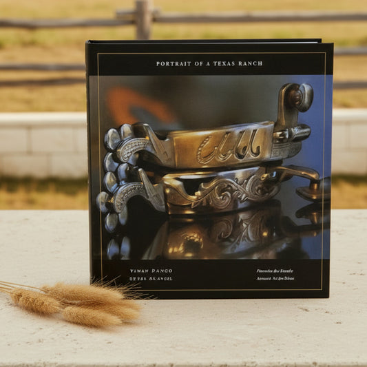 Book cover for 'Portrait of a Texas Ranch' featuring a close-up photograph of ornate silver and gold western boots with engraved script and floral detailing, set against a dark background with black borders and white text.