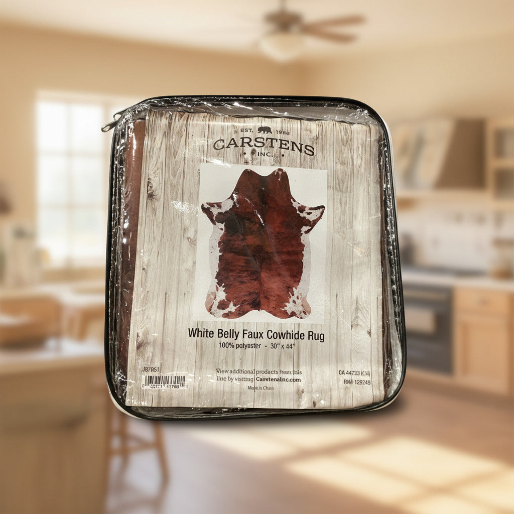 Carstens faux cowhide rug packaging on a surface with a blurred background