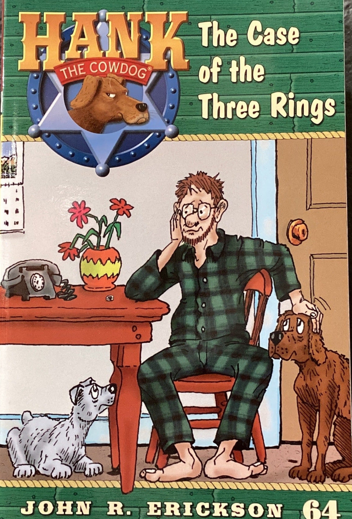 Book titled 'Hank: The Case of the Three Rings' by John R. Erickson on a shelf.