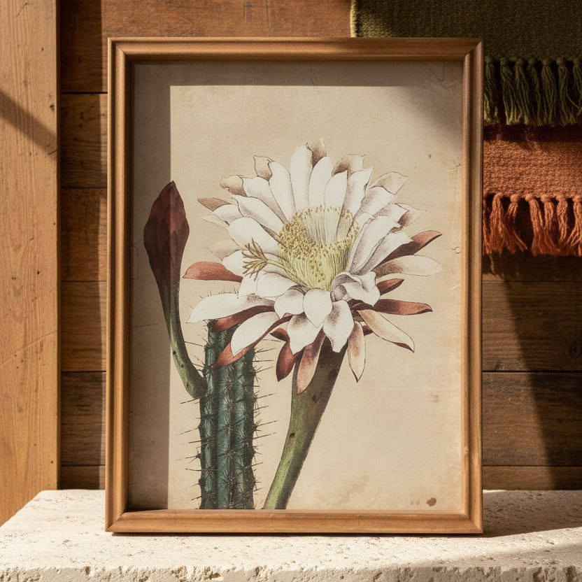 A framed botanical art print of a white night-blooming cactus flower with a green stem and spines, enclosed in a light brown wooden frame and mounted on a textured dark gray wall.