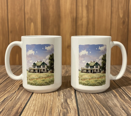 Set of white mugs with house illustrations on a wooden shelf with a scenic background.