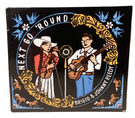 Decorative album cover with two people and text on a plain background