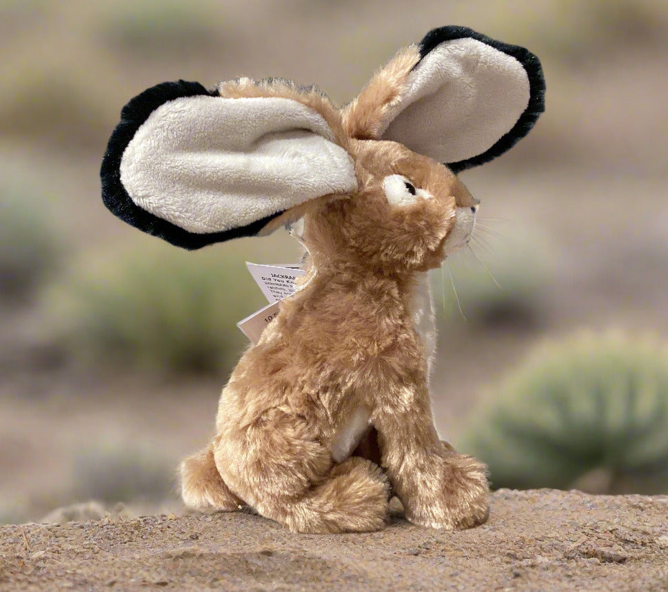 Plush rabbit toy with large ears on a beige surface against a gray wall.