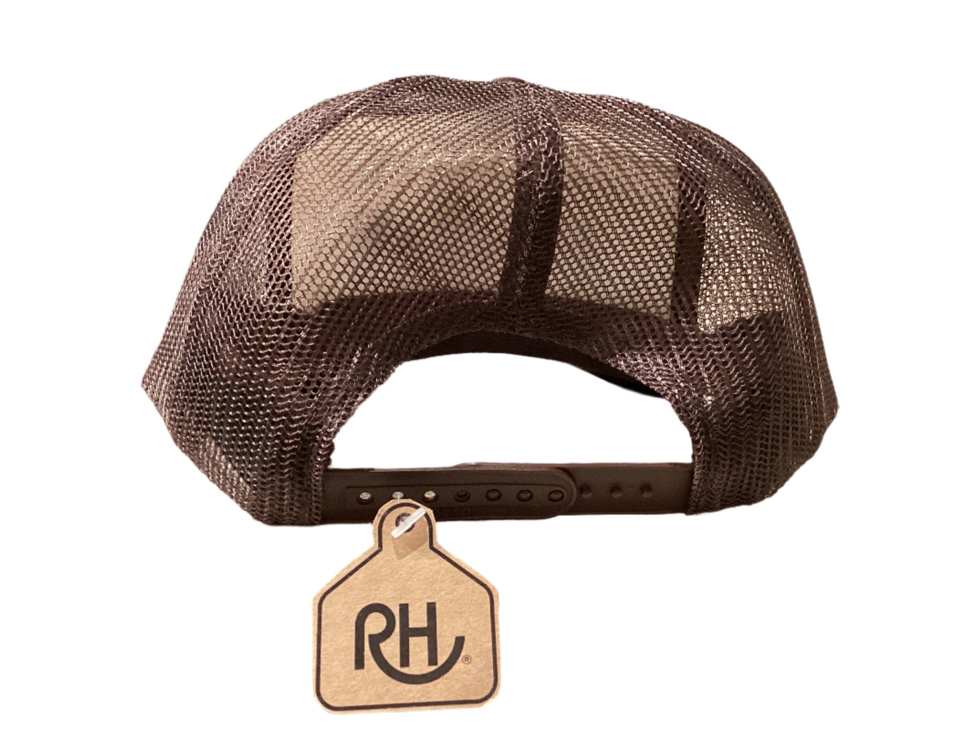 Brown mesh cap on a display stand with a 'RH' tag, against a gray wall.