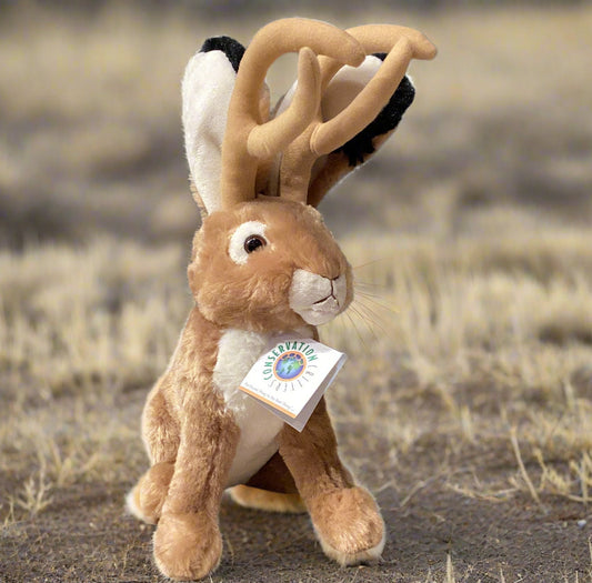 Plush toy rabbit with a tag on a beige surface against a gray wall