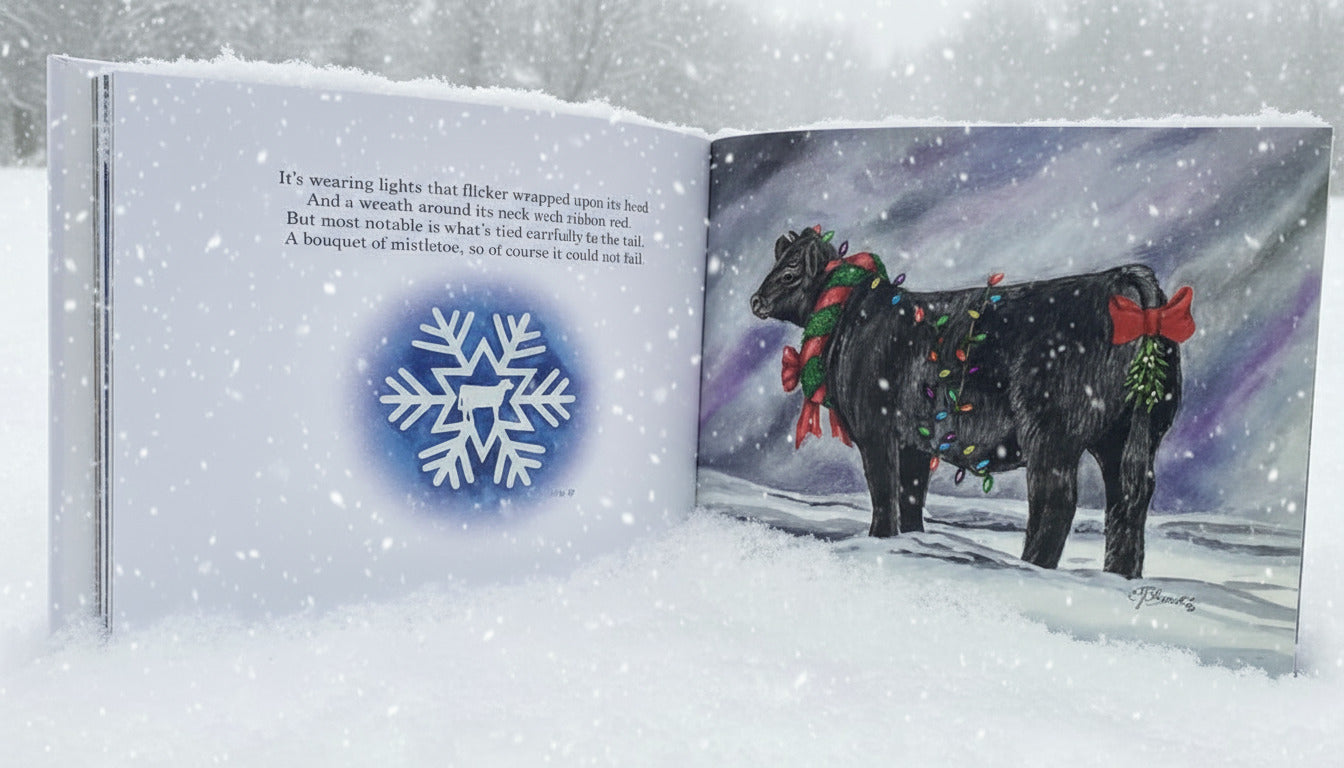 Open book with a illustration of a cow wearing a wreath on a snowy background